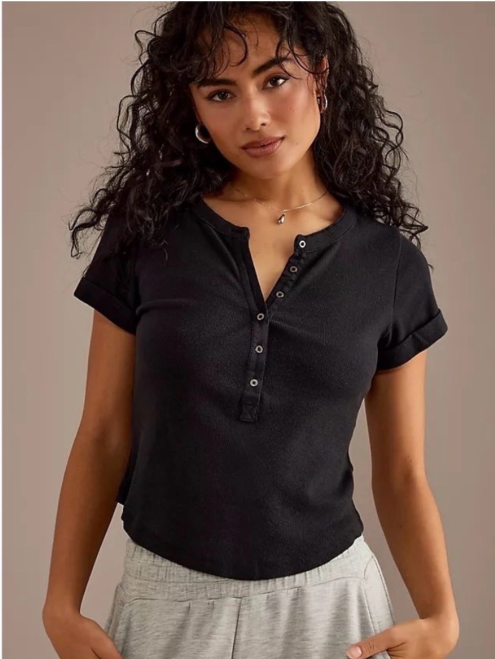 Pilcro Black Ribbed Henley Short Sleeve Shirt